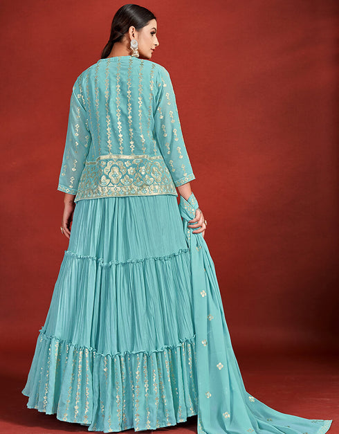 Turquoise Georgette Lehenga Choli Back View