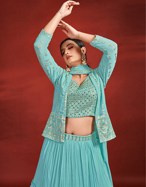 Turquoise Georgette Lehenga Choli Closure View