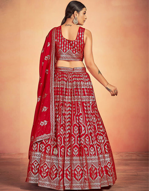 Red Georgette Lehenga Choli Back View