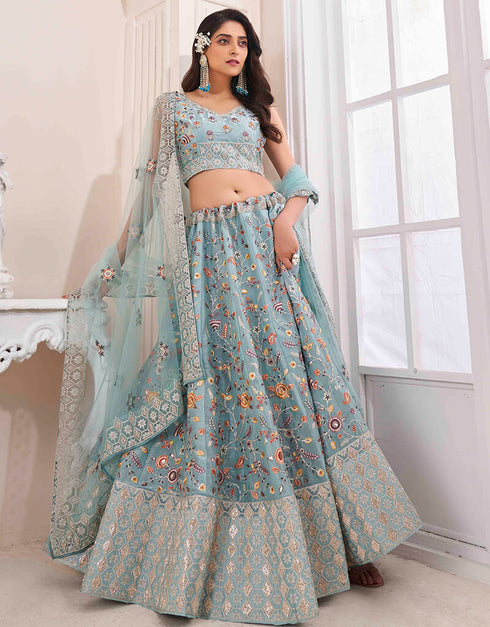 Turquoise Art Silk Lehenga Choli Closure View