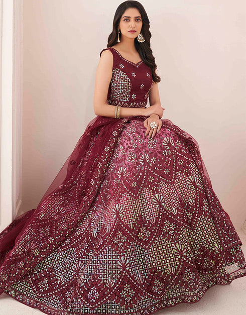 Burgundy Soft Net Lehenga Choli Closure View