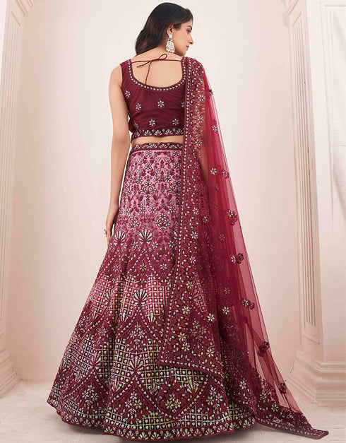 Burgundy Soft Net Lehenga Choli Back View