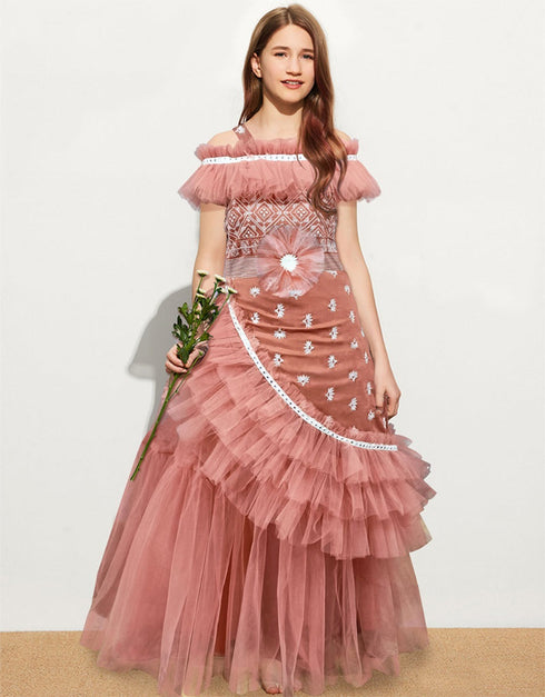 Dark Peach Gown Muslin With Soft Net