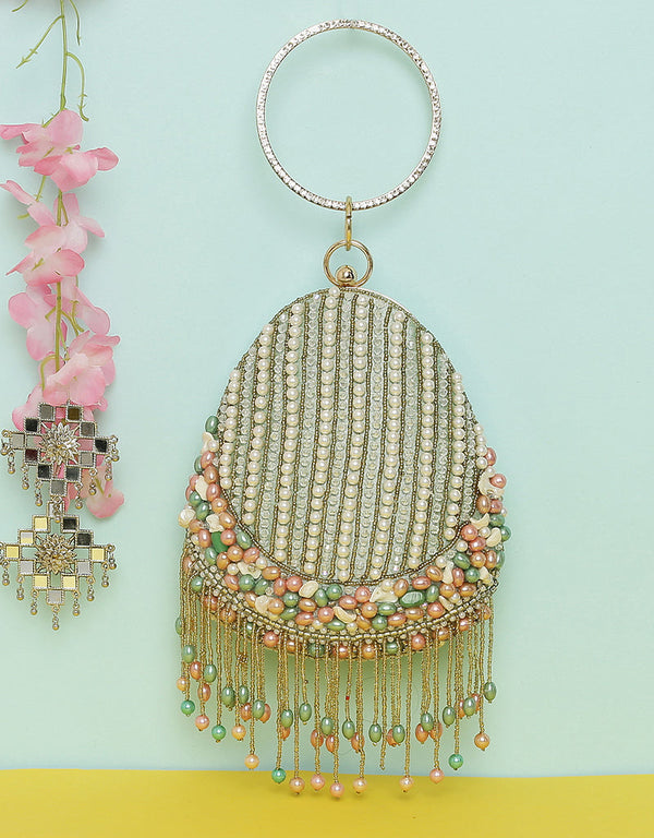 Beige Heavy Designer Handworked Clutches-Accessories