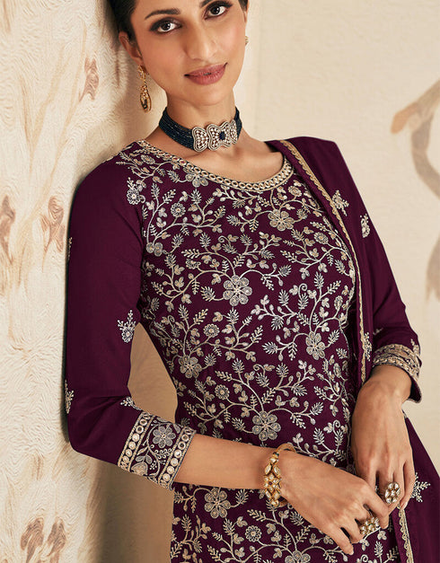 Wine Georgette Sharara Suit Closure View