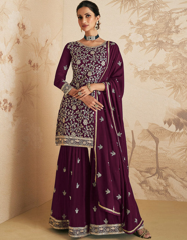 Wine Georgette Sharara Suit