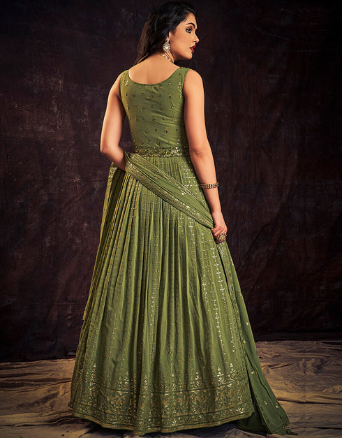 Green Georgette N/A Anarkali Back View