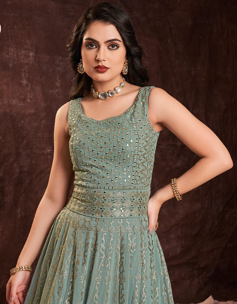Olive Georgette N/A Anarkali Back View