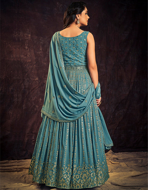 Blue Georgette N/A Anarkali Back View