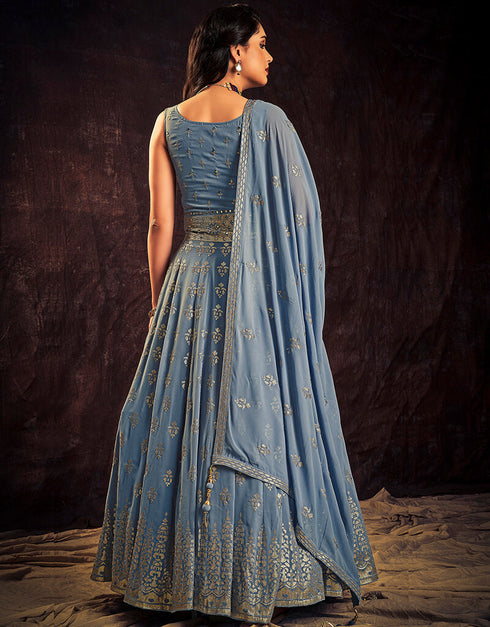 Blue Georgette N/A Anarkali Back View