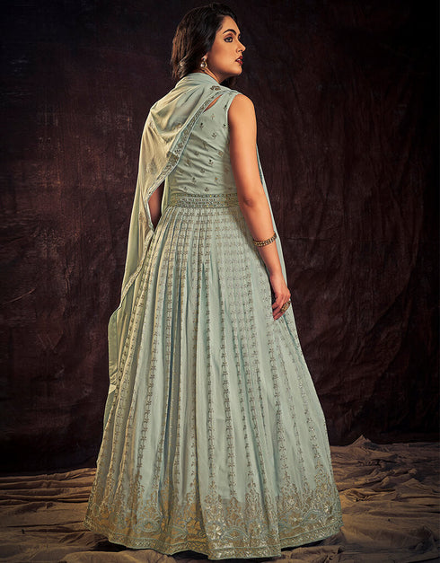 Light Blue Georgette N/A Anarkali Back View