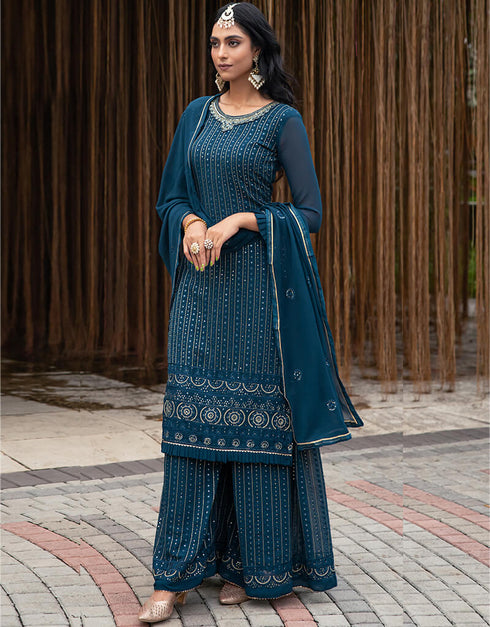 Teal Faux Georgette Palazzo Straight