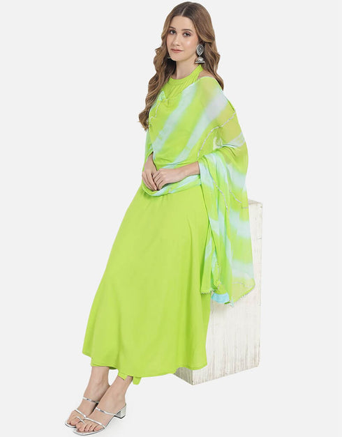 Green Viscose Rayon Pant Anarkali Back View