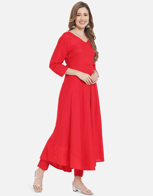 Red Viscose Rayon Pant Anarkali Back View