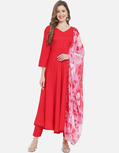 Red Viscose Rayon Pant Anarkali
