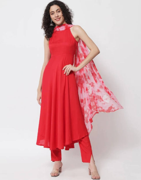 Red Viscose Rayon Pant Anarkali Closure View