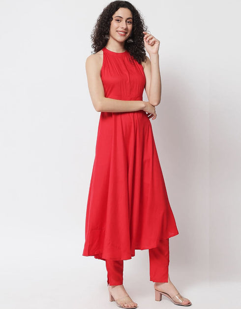 Red Viscose Rayon Pant Anarkali Back View