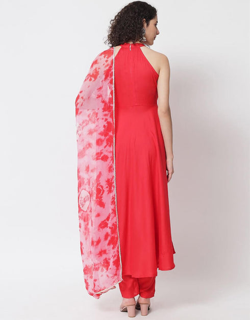 Red Viscose Rayon Pant Anarkali Salwar Kameez