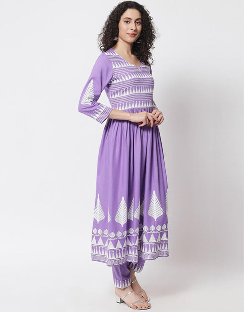 Purple Viscose Rayon Pant Anarkali Back View