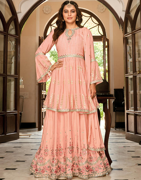 Peach Chinon Lehenga Suit