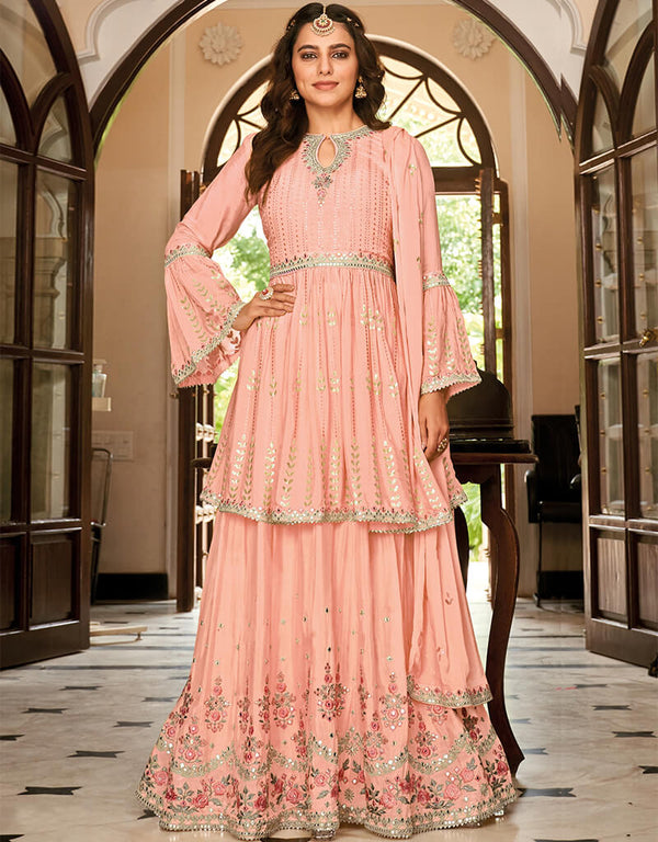 Peach Chinon Lehenga Suit