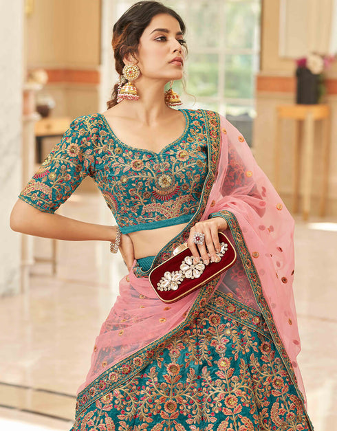 Teal Blue Velvet Lehenga Choli Back View