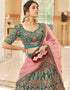 Teal Blue Velvet Lehenga Choli Back View