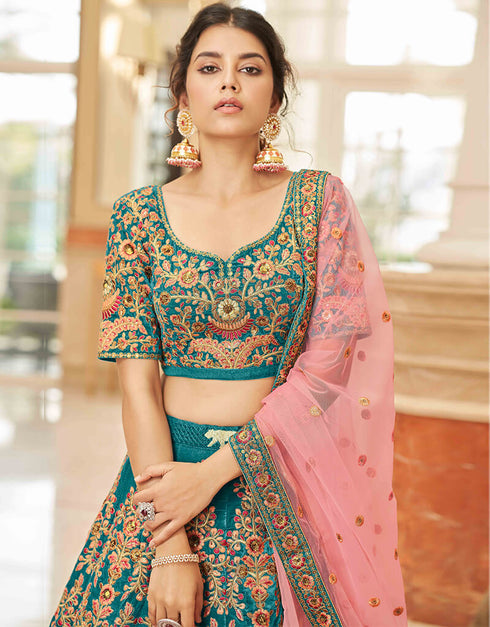 Teal Blue Velvet Lehenga Choli Salwar Kameez