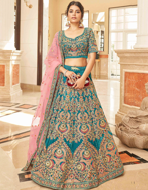 Teal Blue Velvet Lehenga Choli