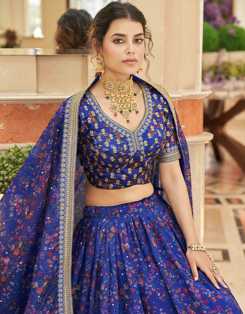 Blue Organza Lehenga Choli Back View
