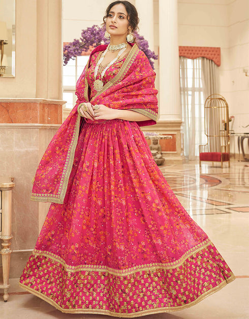 Pink Organza Lehenga Choli Back View