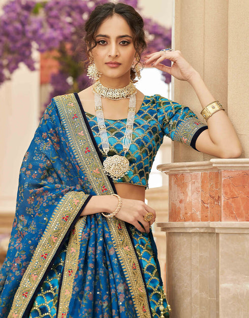 Blue Art Silk Lehenga Choli Back View