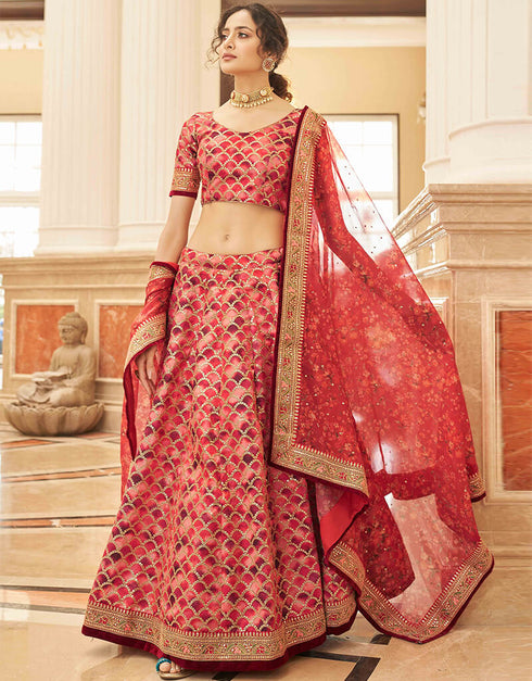 Red Art Silk Lehenga Choli Closure View