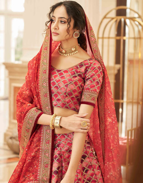 Red Art Silk Lehenga Choli Back View