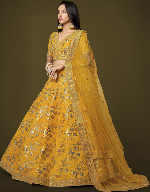Yellow Slub Silk Lehenga Choli Closure View