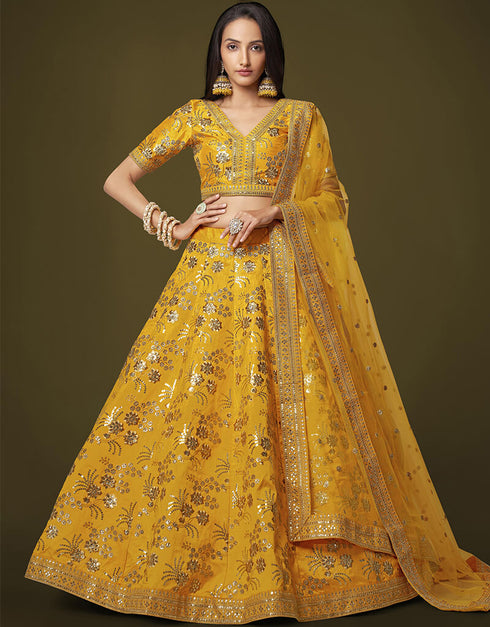 Yellow Slub Silk Lehenga Choli