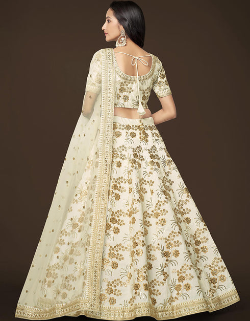 White Slub Silk Lehenga Choli Back View
