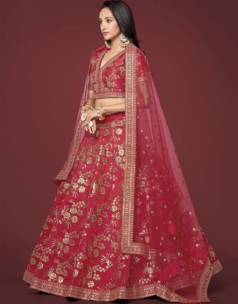 Red Slub Silk Lehenga Choli Closure View