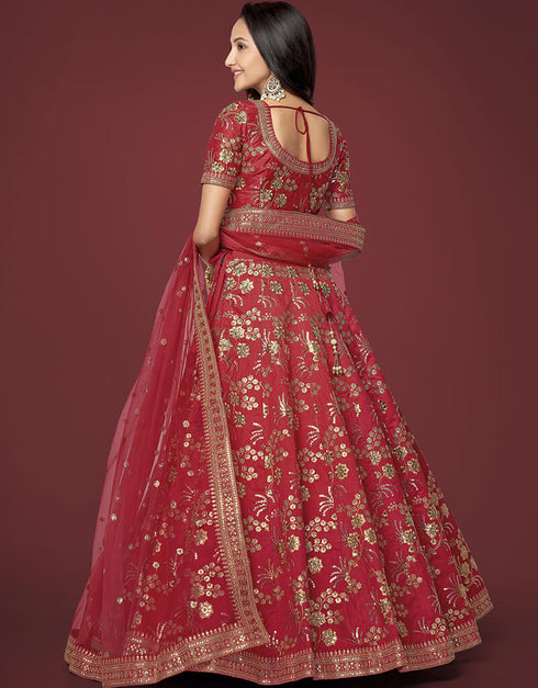 Red Slub Silk Lehenga Choli Back View