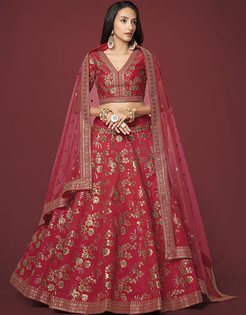 Red Slub Silk Lehenga Choli
