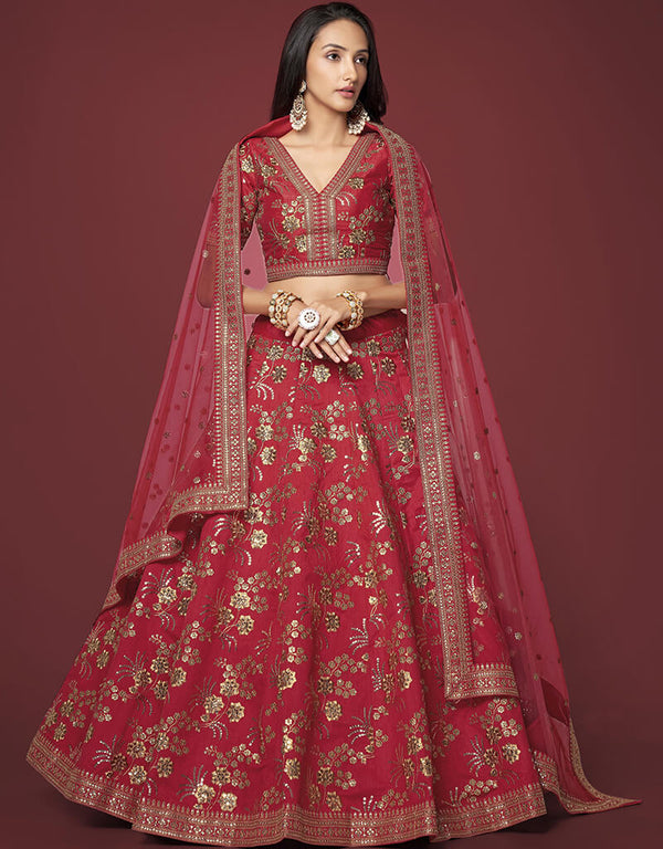 Red Slub Silk Lehenga Choli