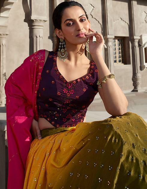 Mustared Olive Chinon Silk Lehenga Choli Back View