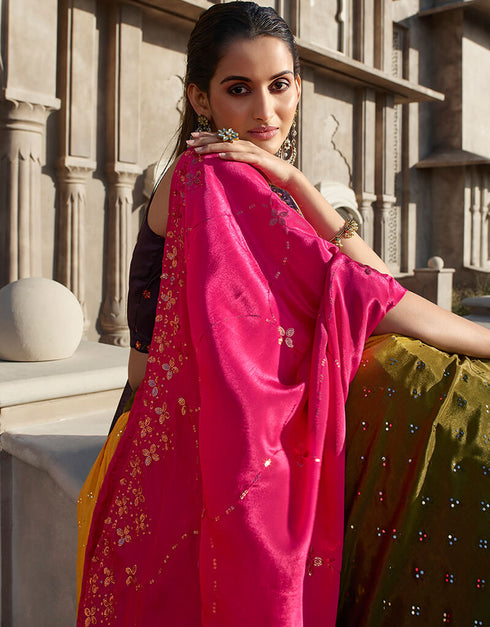 Mustared Olive Chinon Silk Lehenga Choli Salwar Kameez