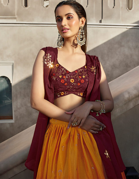Orange Wine Chinon Silk Lehenga Choli Back View