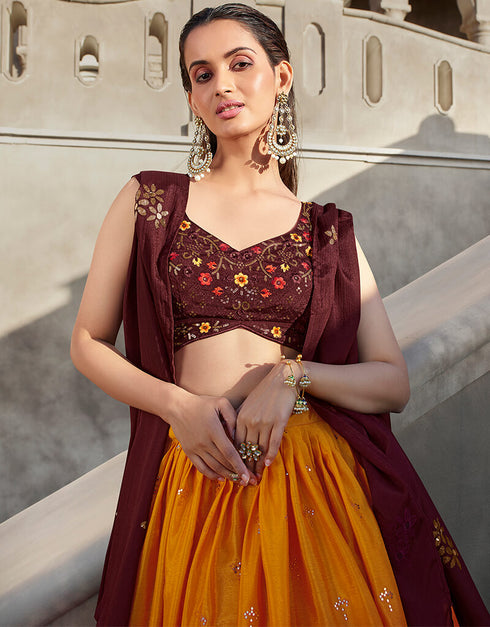 Orange Wine Chinon Silk Lehenga Choli Salwar Kameez