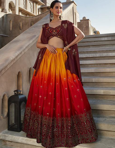Orange Wine Chinon Silk Lehenga Choli