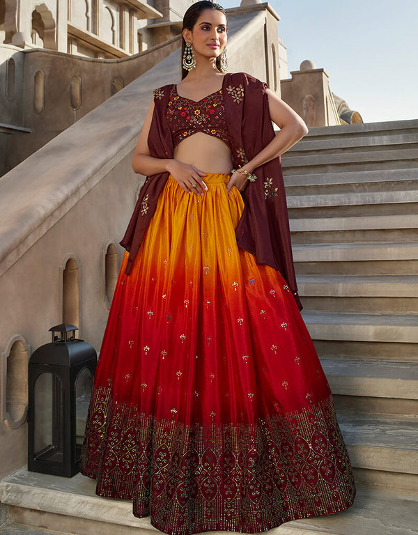 Orange Wine Chinon Silk Lehenga Choli