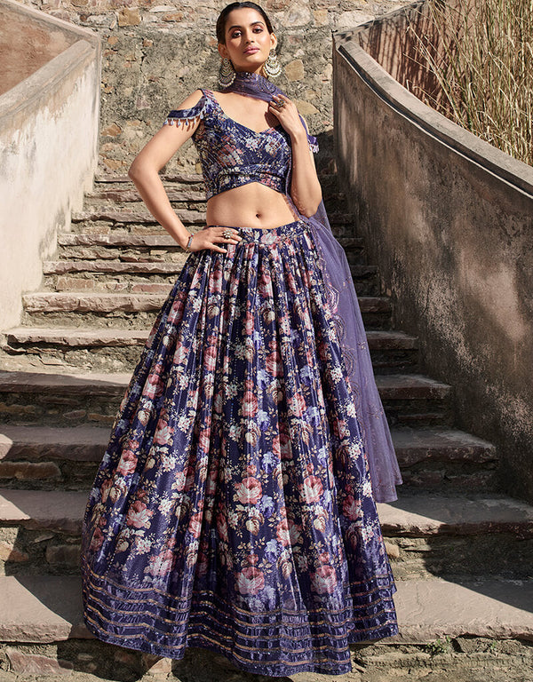 Purple Chinon Silk Lehenga Choli