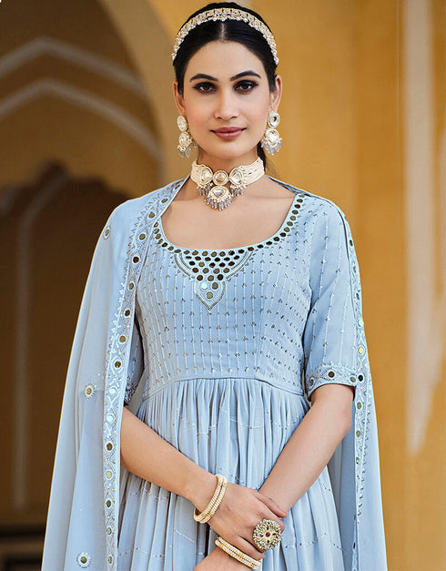 Sky Georgette Palazzo Anarkali Back View