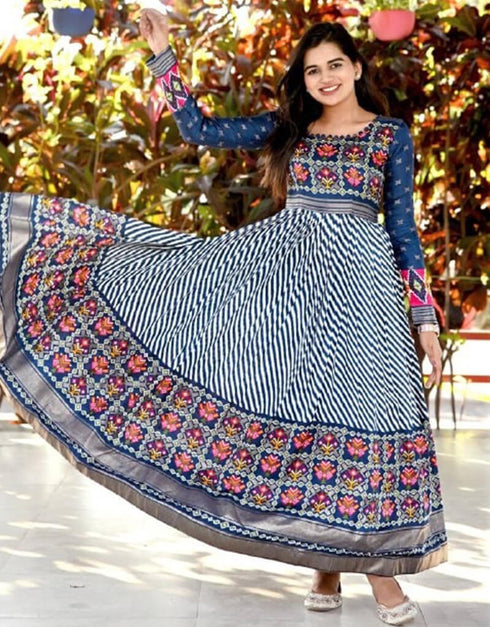 Blue Trendy Pashmina Silk Print Readymade Gown Closure View